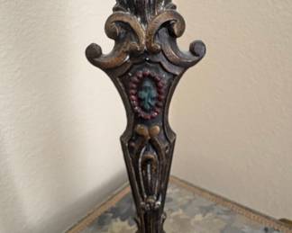 Antique Cast Iron Table Lamp Base with Decorative Accents and Red/Green Inset