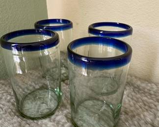 Hand Blown Cobalt Blue Rim Tumblers - Set of 4