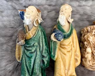 Collection of Six Chinese Figures (Two Glazed, Four Unglazed) and One Carved Vessel