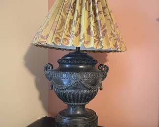 Neoclassical Bronze Urn Table Lamp with Pleated Damask Shade