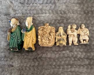 Collection of Six Chinese Figures (Two Glazed, Four Unglazed) and One Carved Vessel