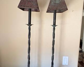 Pair of Wrought Iron Twisted Column Table Lamps with Woven Metal Shades