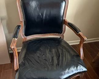 Louis XV Style Carved Walnut and Black Leather Armchair