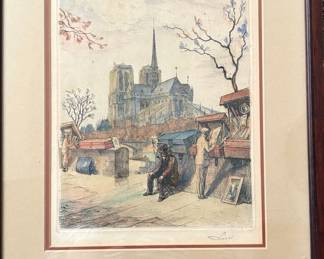 Print of Notre Dame Cathedral with Street Vendors