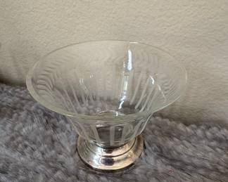 Etched Glass Compote with Silver-Plated Foot - Jeannette Glass Iris & Herringbone Pattern