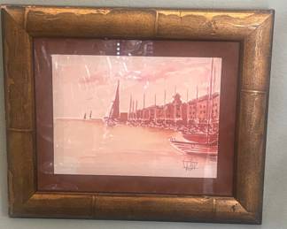 Watercolor Painting of Venice Harbor Scene with Sailboats