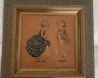 Framed Raised Puff Lithograph Art Print of Children in Period Attire by Gladys Gibbs