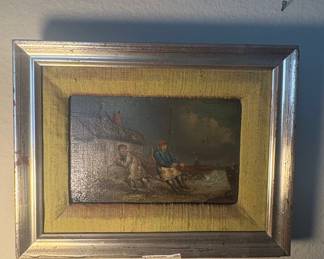 Framed Oil Painting of Figures on a Dock