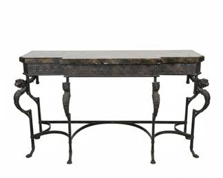 Maitland Smith Style Console Table with Marble Top and Cast Iron Base