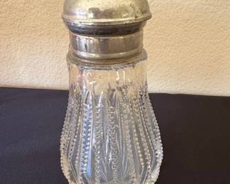 Antique Pressed Glass Syrup Pitcher with Pewter Lid - Diamond and Ribbed Pattern