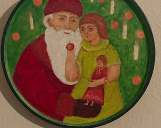 Vintage Hand-Painted Folk Art Santa Claus and Child Tin Tray