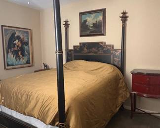 John Widdicomb Black Lacquer Chinoiserie Four-Poster Bed