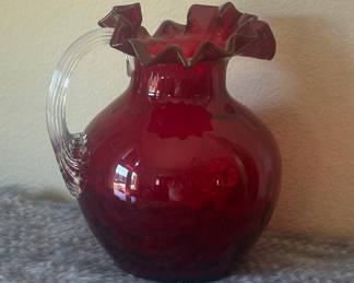 Fenton Cranberry Glass Pitcher with Ruffled Rim and Applied Handle
