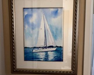 Framed Watercolor of a Sailboat