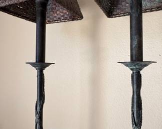 Pair of Wrought Iron Twisted Column Table Lamps with Woven Metal Shades