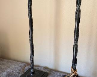 Pair of Wrought Iron Twisted Column Table Lamps with Woven Metal Shades