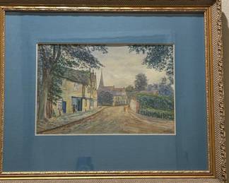 Watercolor Village Scene by R.M. Russell, 1911