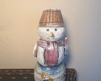  Hand-Painted Wooden Snowman Figurine with Winter Scene Base
