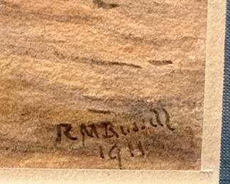 Watercolor Village Scene by R.M. Russell, 1911