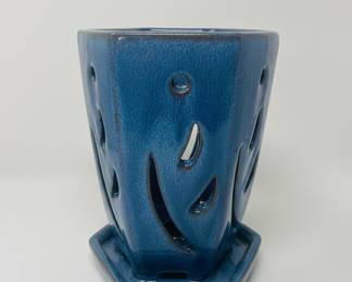 Blue Ceramic Orchid Planter with Hexagonal Saucer