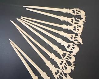 Vintage Carved Bone Elephant Napkin Holder and 12 Cocktail Picks