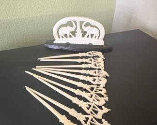 Vintage Carved Bone Elephant Napkin Holder and 12 Cocktail Picks