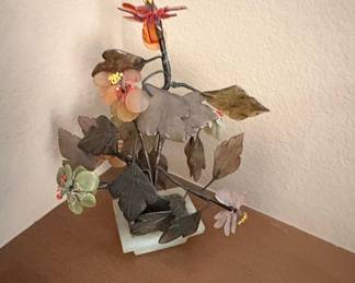 Vintage Chinese Jade and Semi-Precious Stone Flower Bonsai Sculpture