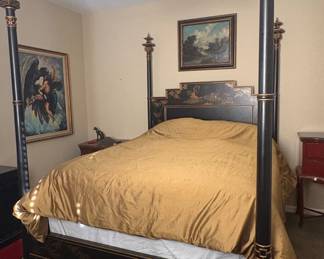 John Widdicomb Black Lacquer Chinoiserie Four-Poster Bed