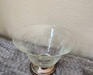 Etched Glass Compote with Silver-Plated Base