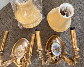 Vintage Brass Sconces with Crystal Accents and Fabric Shades