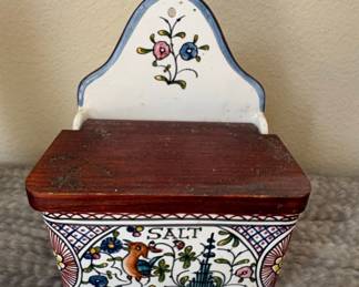 Hand-Painted Portuguese Salt Box with Wooden Lid