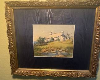 Framed Watercolor Painting of a Cottage and Windmill