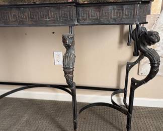 Maitland Smith Style Console Table with Marble Top and Cast Iron Base