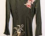 JW Los Angeles Embroidered Dress - Olive Green - Floral & Crane Motif - Size Small