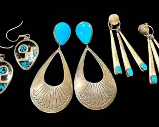 Sterling Silver Turquoise Earrings Set - 3 Pairs, Longest ~3 Inches