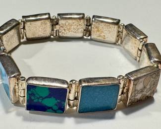 Sterling Silver Gemstone Panel Bracelet - Malachite, Onyx, Azurite, Jasper - 7 Inch