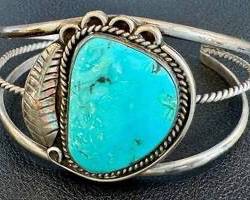 Vintage Sterling Silver Turquoise Bracelet - Large Turquoise Cabochon, Open Cuff