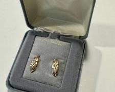 14K Gold Diamond Chip Earrings - Leaf Design, 0.75in Length