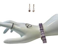 Amethyst Jewelry Set - Sterling Silver Bracelet & Rings, Crystal Earrings (Not Sterling)