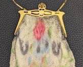 Antique Beaded Mesh Purse Gold-Tone Frame & Chain