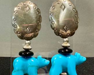 Artist-Crafted Sterling Silver Turquoise Bear Earrings - 2" Post Backs