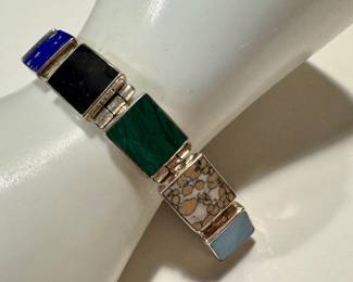 Sterling Silver Gemstone Panel Bracelet - Malachite, Onyx, Azurite, Jasper - 7 Inch