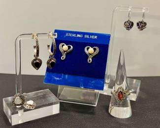 Sterling Silver Marcasite Heart Earrings (3 Pairs) & Ring Size 8