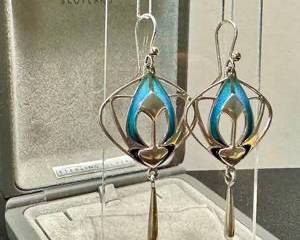 Pat Cheney Jewelry Scotland Sterling Silver Turquoise-Enamel Earrings