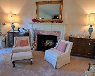 Matching chairs and bench, pair of Mary Gregory lamps, Waterford crystal on right Baker chest and  and silver plate serving utensil on the left matching Baker chest