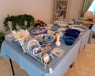 Many Delft and other blue and  white ceramic pottery