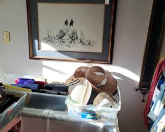 Ladies purses and hats, nice framed art of birds