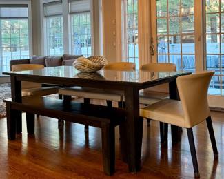 Crate & Barrel Dining Table with Bench & Crate & Barrel Curran Crema Dining Chairs