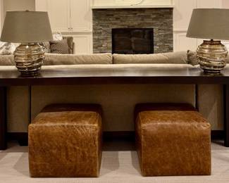 Custom Console Table & Kravet Furniture Leather Poufs/Ottomans