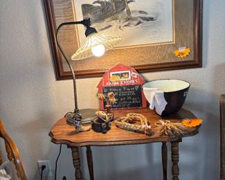 Side Table and Lamp,....Signed Rooster Fighting Cock